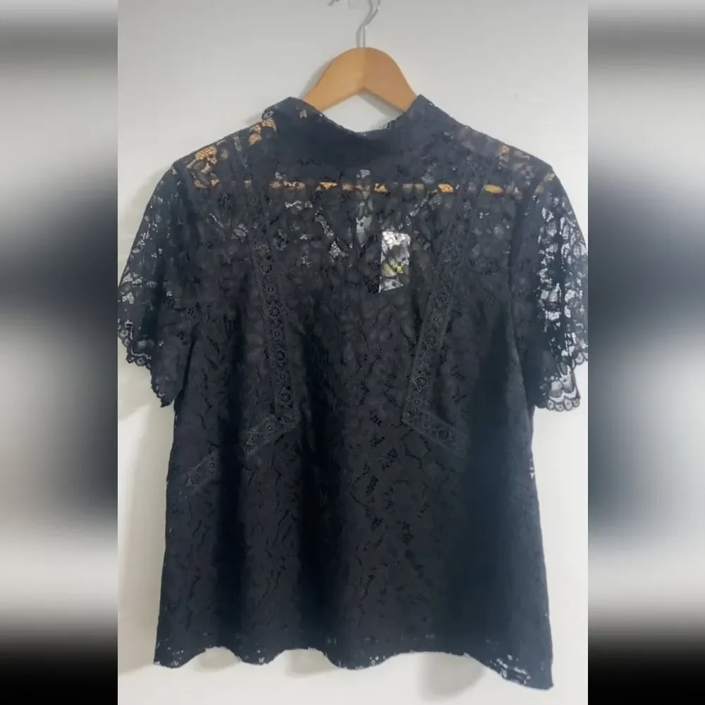 NWT Laundry by Shelli Segal Black Lace Collared Lined Top Women Size M - Picture 2 of 13